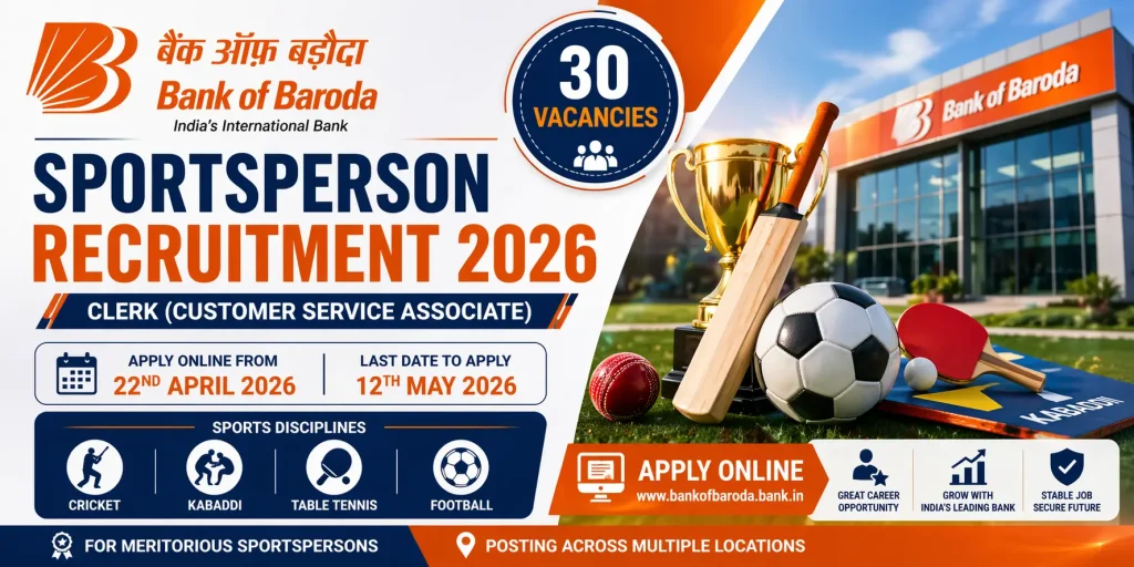Bank of Baroda Clerk Recruitment 2026 for Sports Persons – 30 Posts